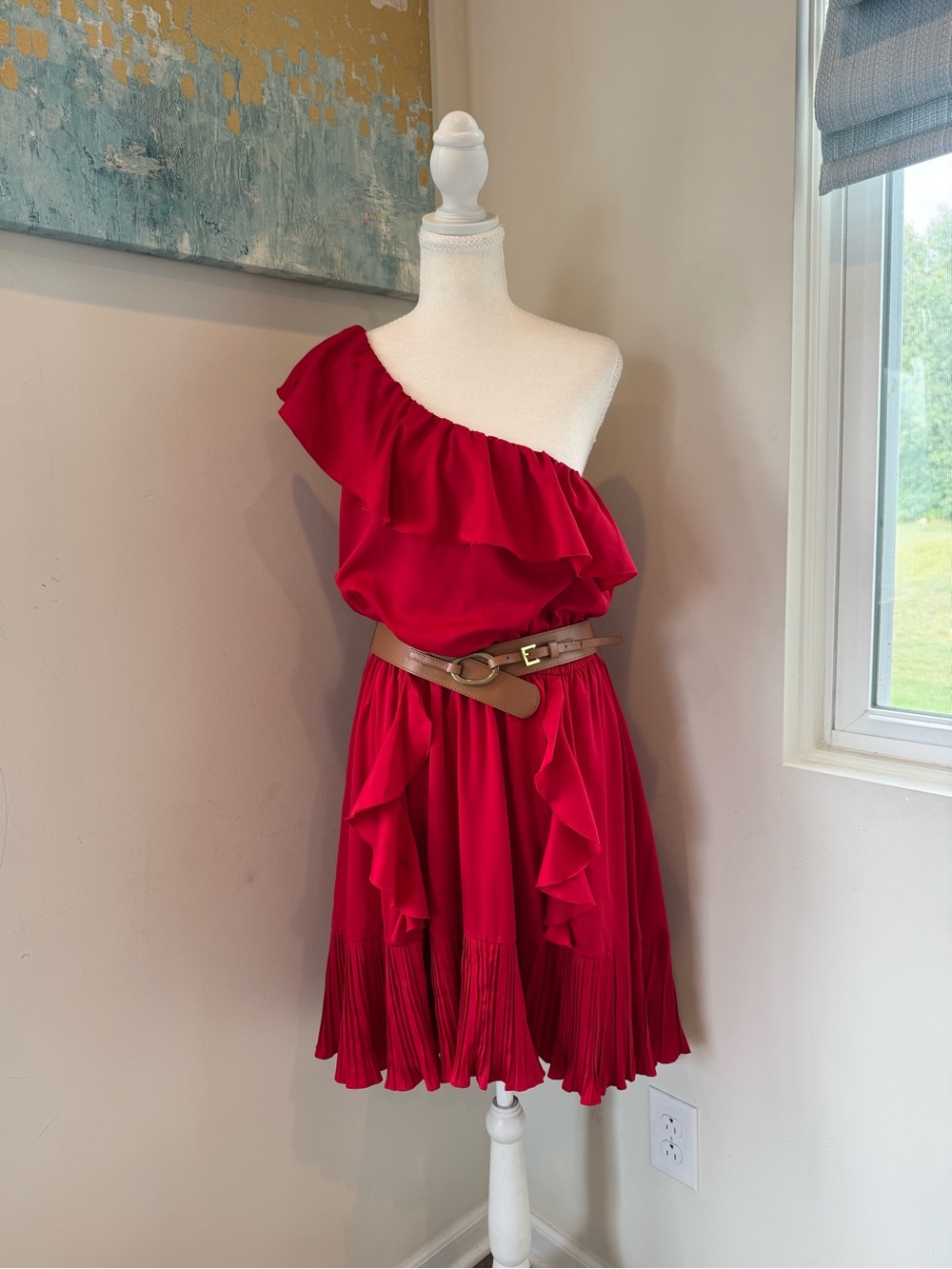 XOXO Red Ruffle One Shoulder Pleated Mini Dress Size L